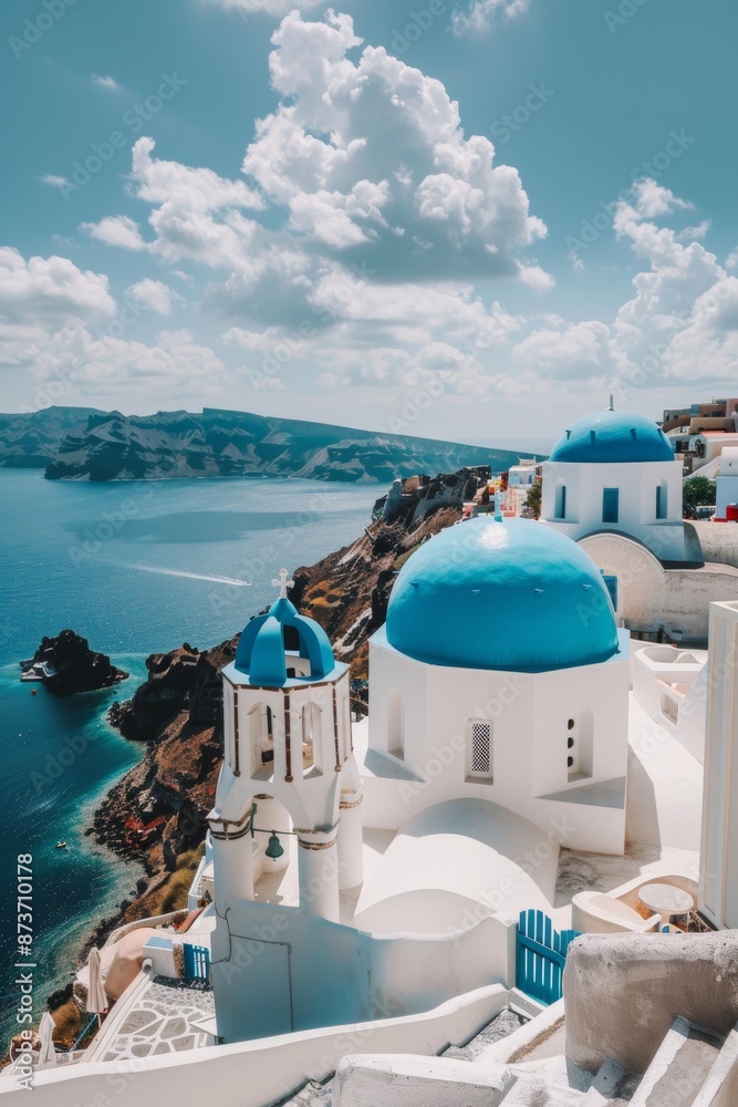 Obraz premium A beautiful blue and white building with a blue dome on top, standing majestically on a hillside, offering stunning views of the Mediterranean Sea, is the epitome of a Greek holiday.