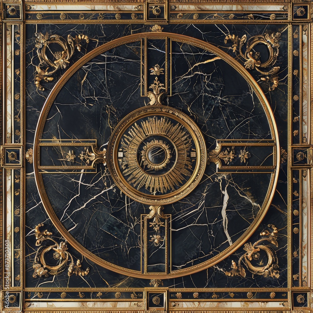 Obraz premium Baroque Classical Abstract Marble Framed Ceiling Art with Ornate Border. Luxury Lavish Decor Victorian Elements with Seamless Pattern Background Texture