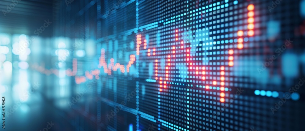 Digital display of stock market data with a red trendline indicating financial trends and economic analysis in a high-tech environment. Digital display of stock market data with a red trendline indicating financial trends and economic analysis in a high-tech environment.