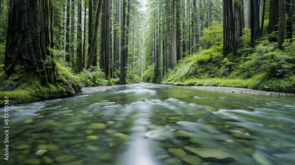 A tranquil forest scene featuring towering redwood trees their branches forming a canopy that filters sunlight onto the forest floor where a clear stream meanders over smooth stones and lush green mos A tranquil forest scene featuring towering redwood trees their branches forming a canopy that filters sunlight onto the forest floor where a clear stream meanders over smooth stones and lush green mos