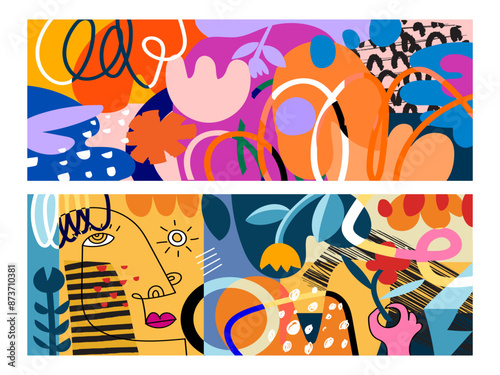 Set of beautiful abstract flowers and plants, geometric, doodle, line art colorful hand drawn vector illustration background. Floral and nature.