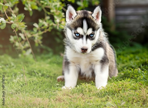 puppy Siberian Huskie dog in garden. High quality photo