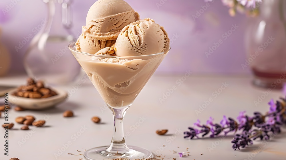 Coffee Almond fudge ice cream in a martini glass lavender background Coffee Almond fudge ice cream in a martini glass lavender background