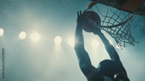 A dramatic shot of a basketball player leaping towards the hoop for a slam dunk with the stadium lights casting a glow on the court and the crowd roaring in the background photo