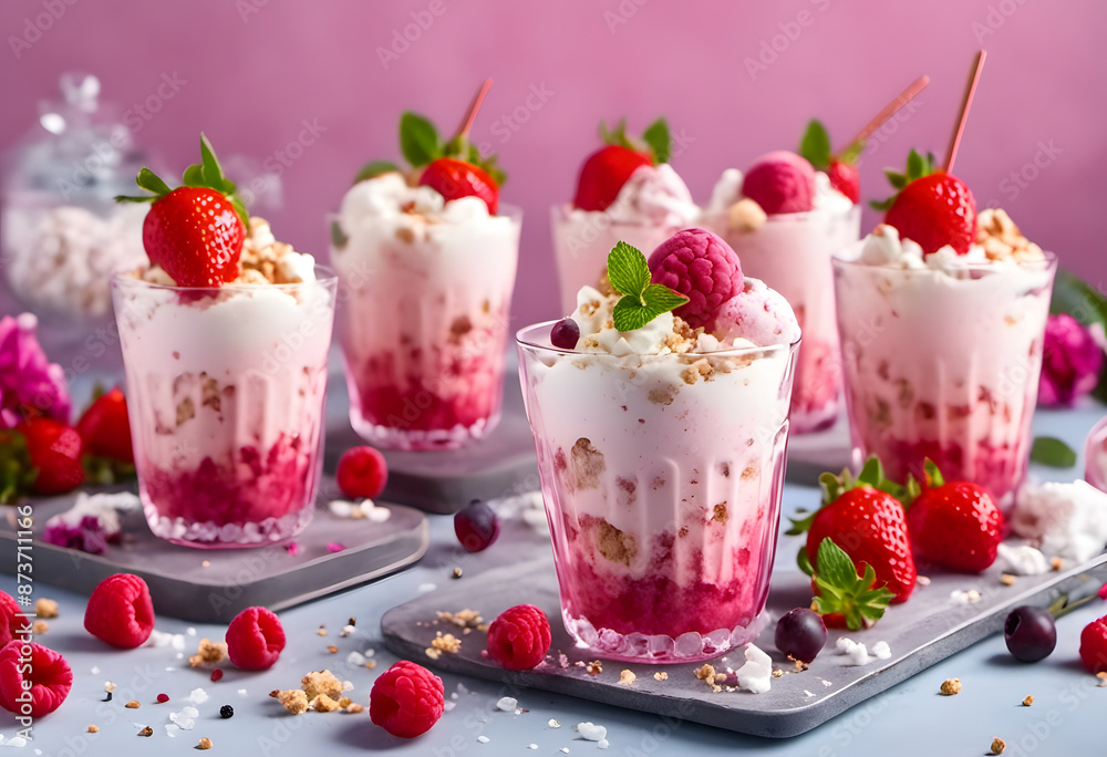A colorful and vibrant image of strawberry and raspberry flavored soft serve ice cream and cones, surrounded by fresh strawberries, raspberries, and candy sprinkles on a pink background. A colorful and vibrant image of strawberry and raspberry flavored soft serve ice cream and cones, surrounded by fresh strawberries, raspberries, and candy sprinkles on a pink background.