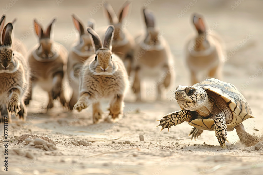 Naklejka premium Turtle running in a race leading a group of rabbits, symbolizing strategy and determination