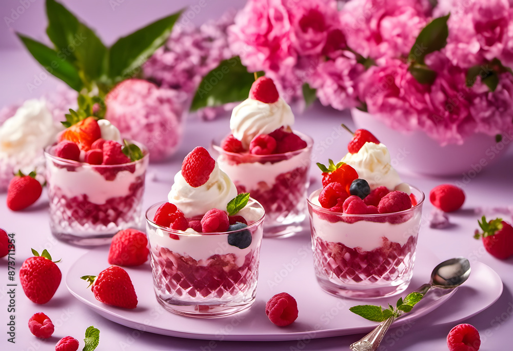 A colorful and vibrant image of strawberry and raspberry flavored soft serve ice cream and cones, surrounded by fresh strawberries, raspberries, and candy sprinkles on a pink background. A colorful and vibrant image of strawberry and raspberry flavored soft serve ice cream and cones, surrounded by fresh strawberries, raspberries, and candy sprinkles on a pink background.