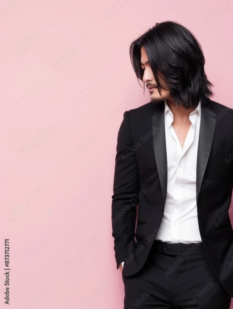 Elegant Man in Black Suit against Pink Background Elegant Man in Black Suit against Pink Background