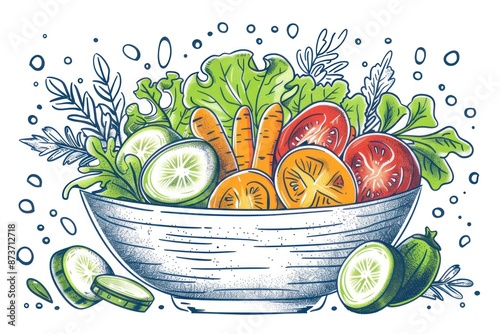 Stylized line art of a fresh salad bowl, filled with leafy greens, tomatoes, cucumbers, and other vegetables. The detailed lines capture the freshness and variety of the ingredients, making it ideal