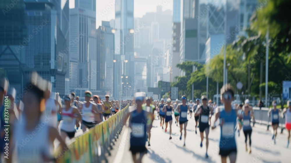 Obraz premium Energetic City Marathon Race in Full Swing on Sunny Day, blur people