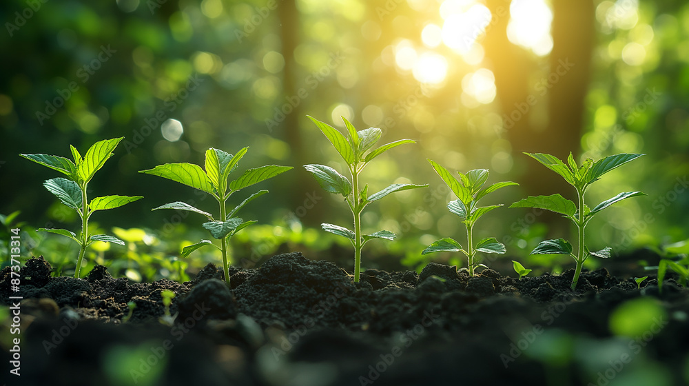 Spring plant seedling growth in the garden, green nature background with sunlight Spring plant seedling growth in the garden, green nature background with sunlight