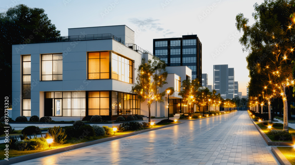 Fototapeta premium Modern office building, glass windows, evening ambiance, empty urban plaza