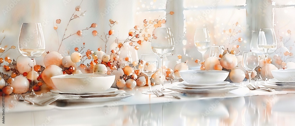 Elegant table setting with white dishes and delicate floral arrangements, creating a serene atmosphere for dining or special occasions. Elegant table setting with white dishes and delicate floral arrangements, creating a serene atmosphere for dining or special occasions.