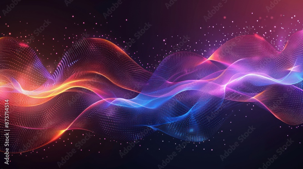 Abstract shiny glowinng color wave design element on dark background - science or technology concept, vector 