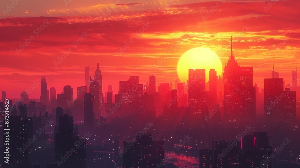 Fiery Sunset over Cityscape. Vibrant Urban Skyline at Dusk Fiery Sunset over Cityscape. Vibrant Urban Skyline at Dusk