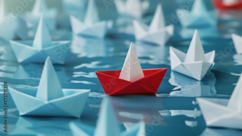 Free Download A lone red boat is floating in a sea of paper boats. The boat is the only one that is not folded, and it stands out against the other boats. The scene is peaceful and serene - GFXLoad