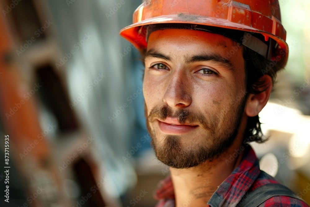 Portrait of a confident and smiling young adult construction worker wearing a hard hat and protective gear. Exuding happiness and confidence on a construction site Portrait of a confident and smiling young adult construction worker wearing a hard hat and protective gear. Exuding happiness and confidence on a construction site