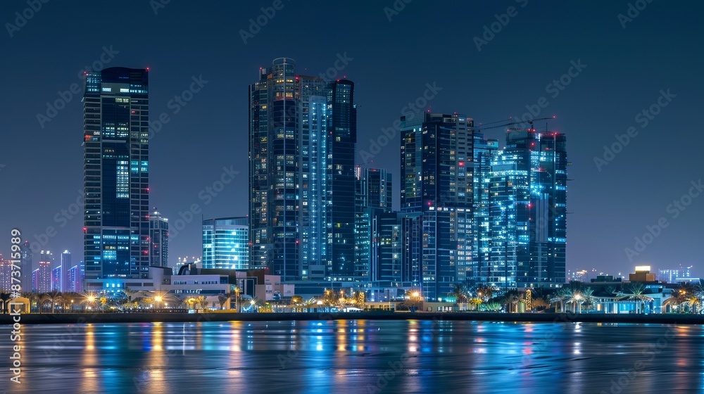 Timelapse of Abu Dhabi skyline at night, showcasing illuminated modern skyscrapers viewed from Corniche, United Arab Emirates, circa March 2018. Timelapse of Abu Dhabi skyline at night, showcasing illuminated modern skyscrapers viewed from Corniche, United Arab Emirates, circa March 2018.