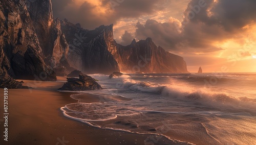 Stunning High-Resolution View of Cabo da Roca's Rugged Coastline with Towering Cliffs and Crashing Waves Against Golden Sand Beach at Sunset, Captured with Wide Angle Lens and Cinematic Light, Showcas