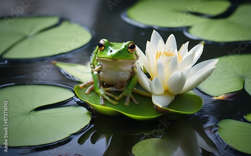 Frog on a lily pad in a pond with water lilies photo