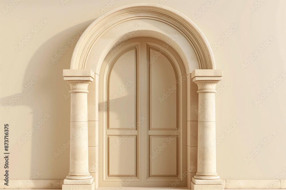 Arched door with light beige background and warm light Arched door with light beige background and warm light