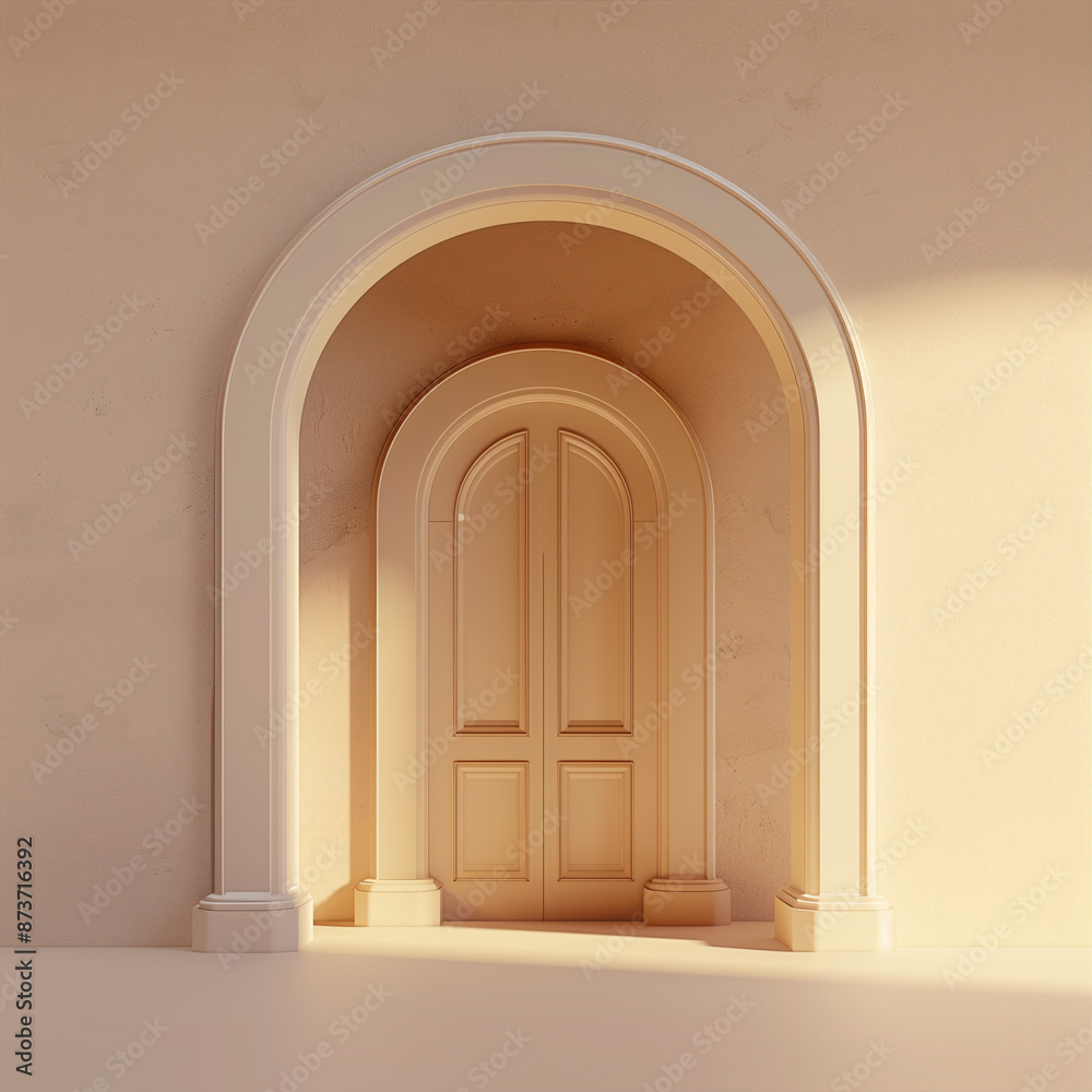 Arched door with light beige background and warm light Arched door with light beige background and warm light