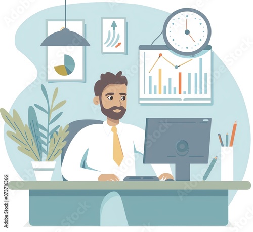 Office Worker Analyzing Financial Data on Computer Multiple Screens - Vector Illustration