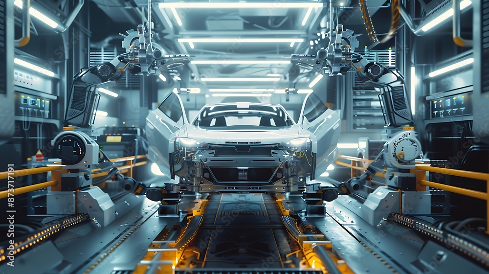 Car Manufacturing Automation: Robots Assembling Vehicles in a Modern Factory Car Manufacturing Automation: Robots Assembling Vehicles in a Modern Factory