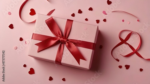 Happy Valentine's Day Poster or banner with sweet chocolate hearts and gift box on red background created 