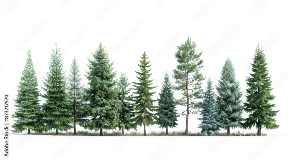 Fototapeta premium A Row of Evergreen Trees Against a White Background