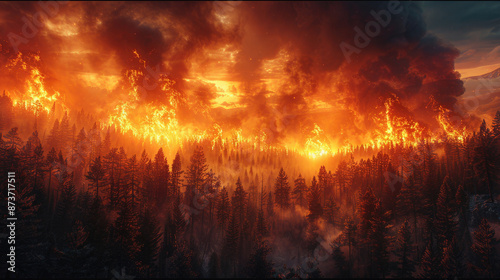 Raging Forest Blaze: Fiery Sunset and Ominous Smoke Clouds