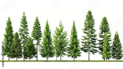 A Row of Tall Green Pine Trees Isolated on White