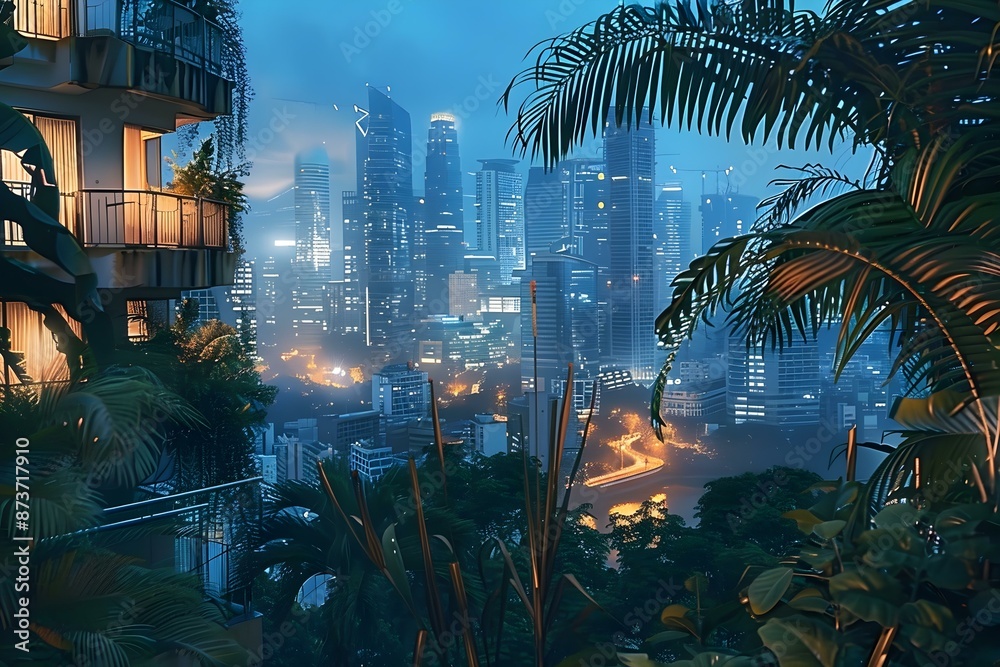 Obraz premium Mesmerizing Cityscape at Dusk with Glowing Skyscrapers and Lush Tropical Foliage