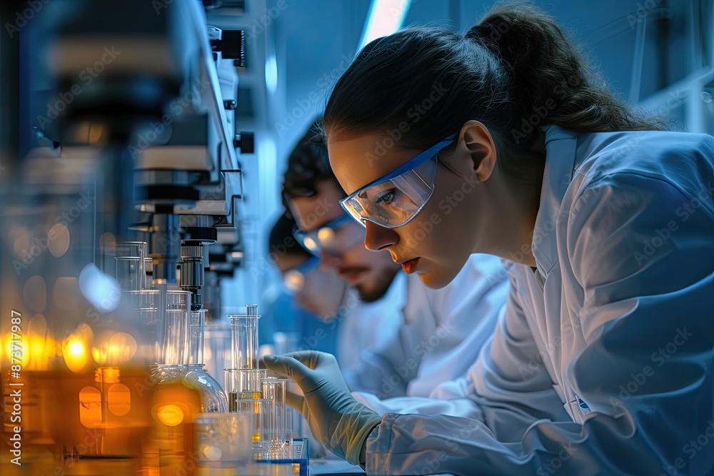 a group of people in lab coats working on a project, medical researcher working in a laboratory a group of people in lab coats working on a project, medical researcher working in a laboratory