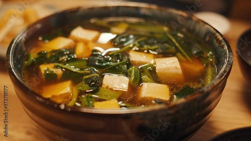 Japanese Miso soup, traditionally made with kombu (seaweed) and tofu, is a staple in Japanese cuisine known for its savory umami flavor and nutritious ingredients.  photo