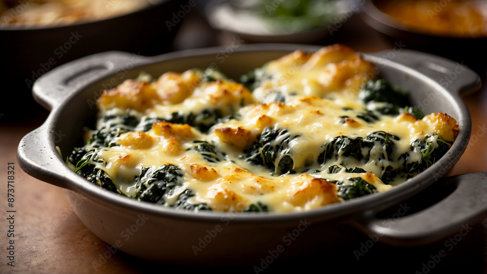 piping hot dish of spinach baked with melted cheese, fresh out of the oven, with the cheese bubbling and golden brown piping hot dish of spinach baked with melted cheese, fresh out of the oven, with the cheese bubbling and golden brown