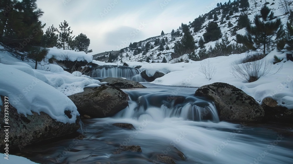 A long exposure photograph of a waterfall in the Guadarrama Mountains captures the dynamic flow of water cascading down rocky terrain. A long exposure photograph of a waterfall in the Guadarrama Mountains captures the dynamic flow of water cascading down rocky terrain.