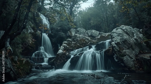 A long exposure photograph of a waterfall in the Guadarrama Mountains captures the dynamic flow of water cascading down rocky terrain.