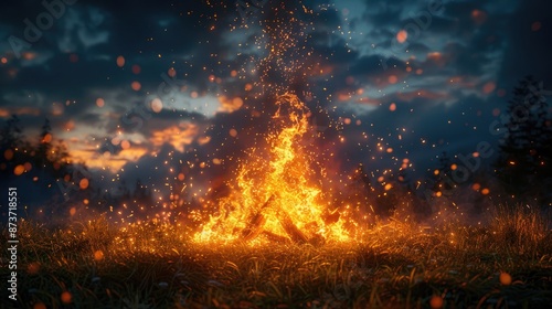 Crackling Bonfire: Enchanting Glow Against a Darkened Night Sky