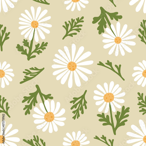 Chamomile seamless pattern. Hand drawn white daisy flowers and green leaves scattered on beige background. Cute summer floral wallpaper. Cute raster allover illustration