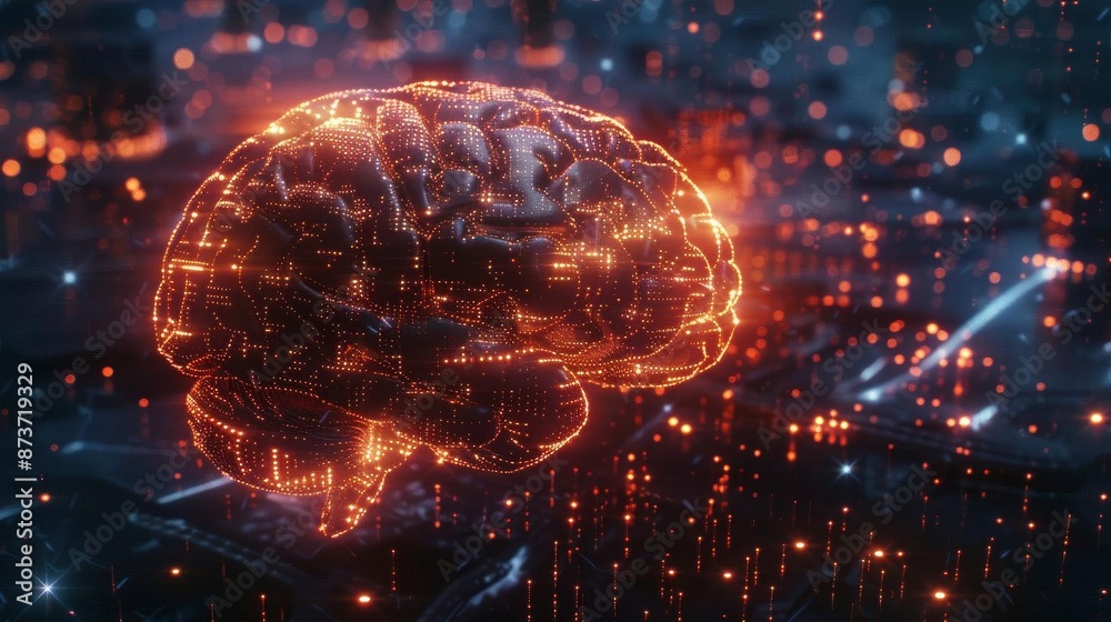 Futuristic digital representation of a brain with neon lights, symbolizing artificial intelligence, technology, and neural networks. Futuristic digital representation of a brain with neon lights, symbolizing artificial intelligence, technology, and neural networks.