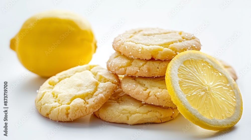 Delicious homemade lemon cookies presented on a clean white background, showcasing their golden-brown color and citrusy aroma, perfect for a sweet treat or snack. Delicious homemade lemon cookies presented on a clean white background, showcasing their golden-brown color and citrusy aroma, perfect for a sweet treat or snack.