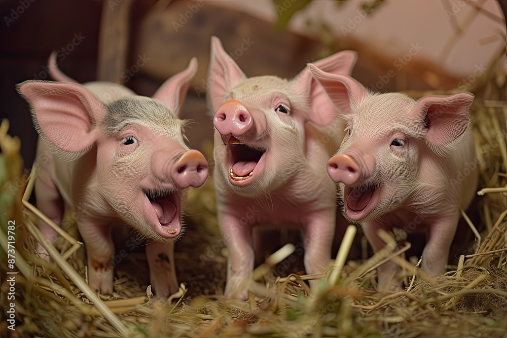three little pigs are standing in hay and laughing, trio of giggling piglets engages in playful antics, creating a heartwarming farmyard tableau three little pigs are standing in hay and laughing, trio of giggling piglets engages in playful antics, creating a heartwarming farmyard tableau