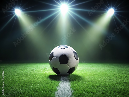 A solitary soccer ball rests on a lush green stadium field, illuminated by bright lights, casting long shadows, in a dramatic and deserted nighttime setting.