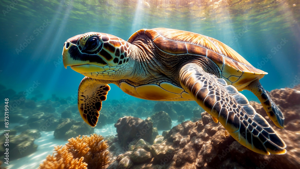 Fototapeta premium sea turtle gracefully gliding through vibrant coral formations in a crystal-clear ocean. The sunlight filters through the water
