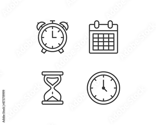 Basic time line icons - clock, alarm clock, hourglass and calendar, editable stroke, based on 64px grid, vector eps10 illustration