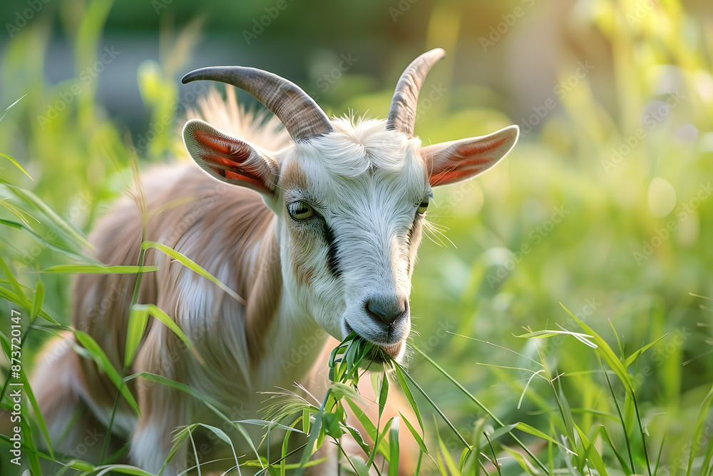 Adult goat eating grass in lush field Adult goat eating grass in lush field
