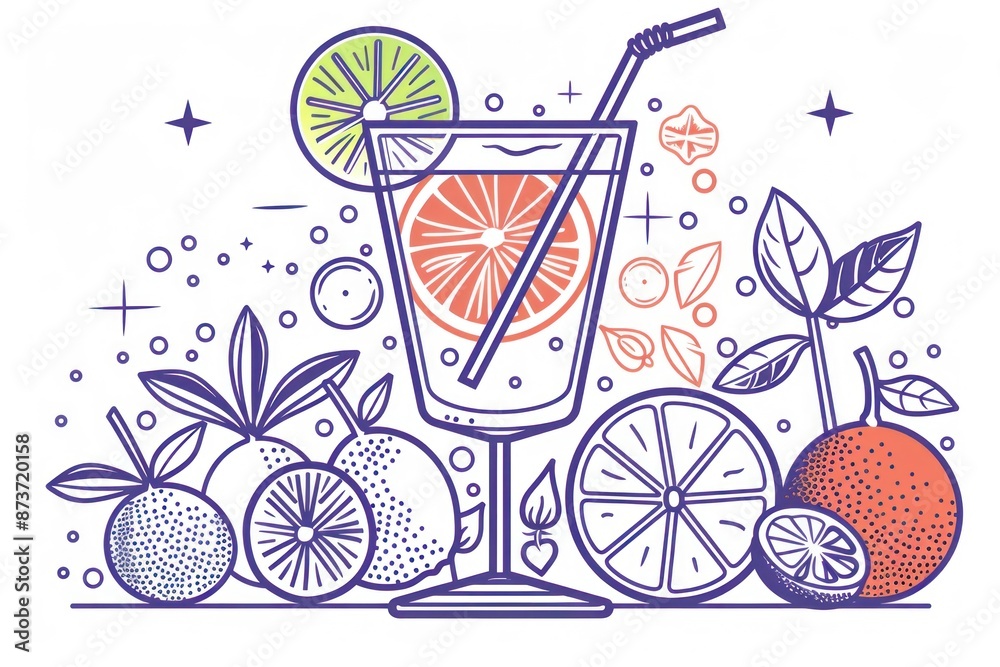 Elegant line art of a cocktail glass with a slice of lime and a straw ...