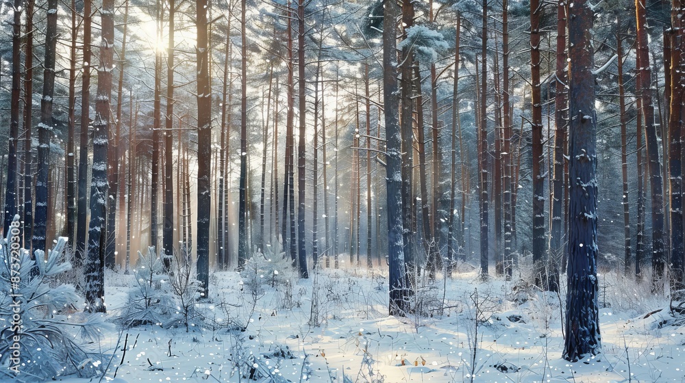 Fototapeta premium A winter landscape capturing the serene beauty of snowfall in a pine forest at dawn.