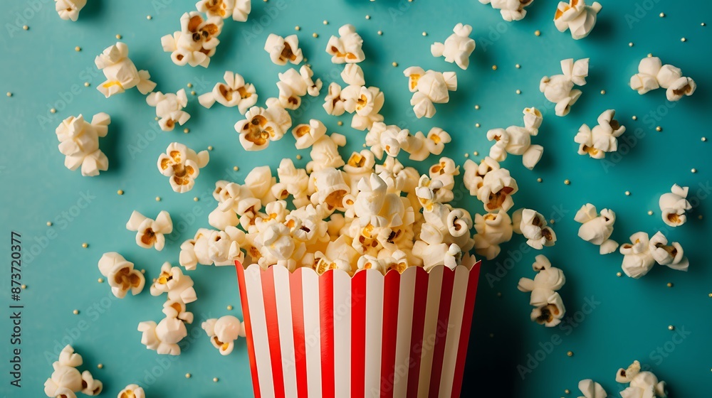 Popcorn in the red and white box on spring green background Popcorn in the red and white box on spring green background
